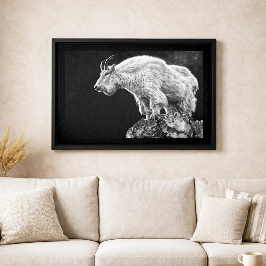 Mountain Goat Canvas Print | Realistic Wildlife Charcoal Sketch | 1.25-inch Premium Gallery Profile | Nature Wall Art for Modern Home Decor