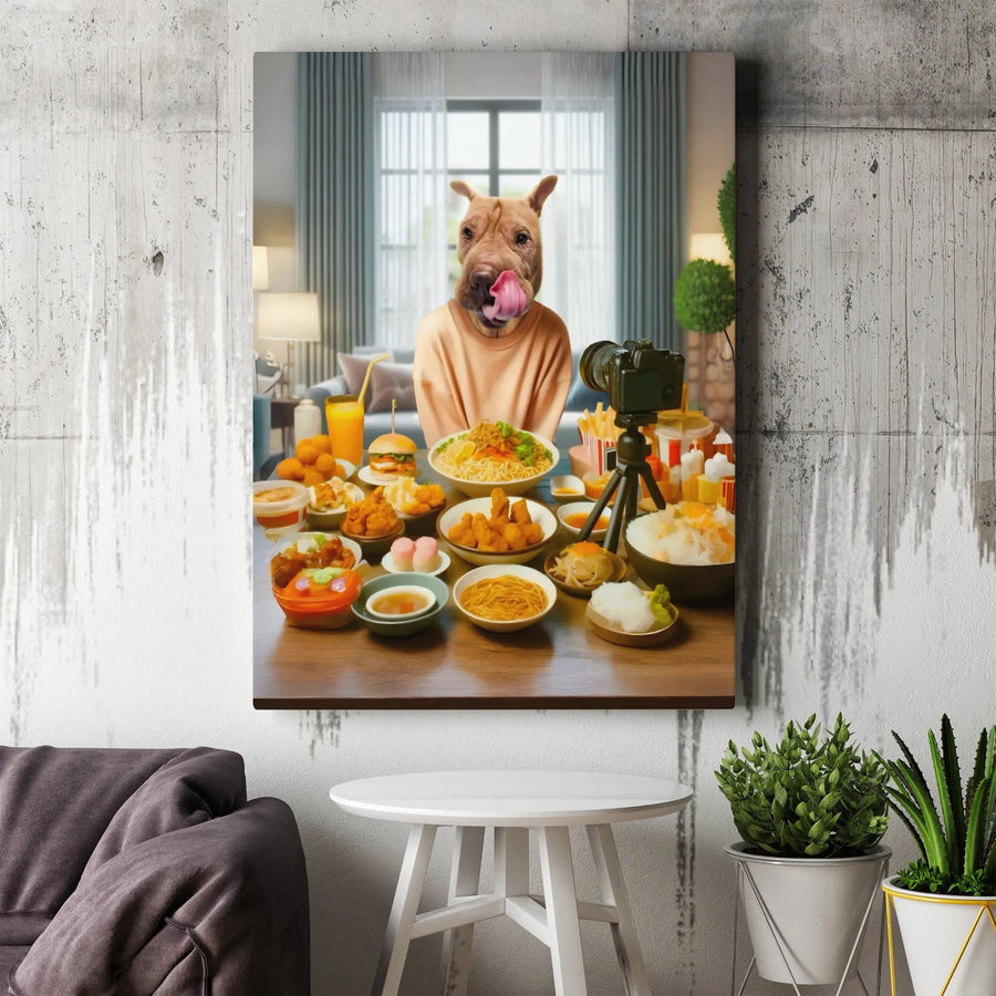 Dog Food Vlogger Canvas Print | Funny Animal Mukbang Feast Art | Premium Gallery Wrapped Wall Decor | Whimsical Gift For Foodie Pet Lovers