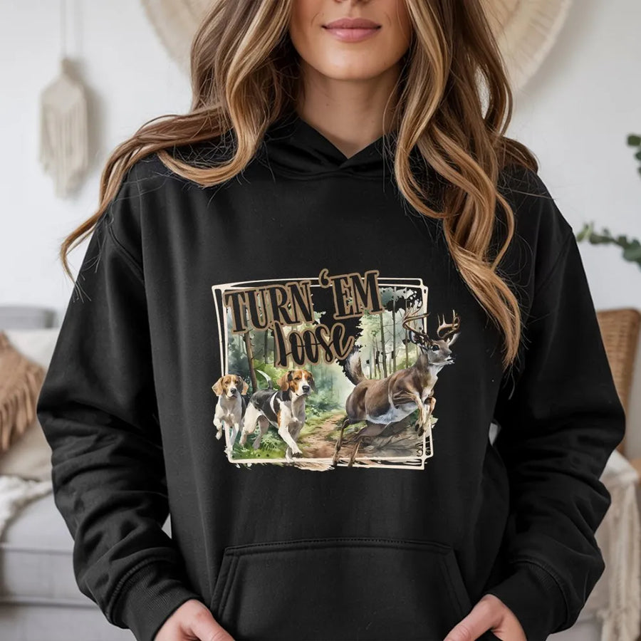 Deer Hunting Hoodie | Turn 'Em Loose Beagle Hound Dog Design | Premium Cotton Blend Sweatshirt | Gift for Hunters and Outdoorsmen