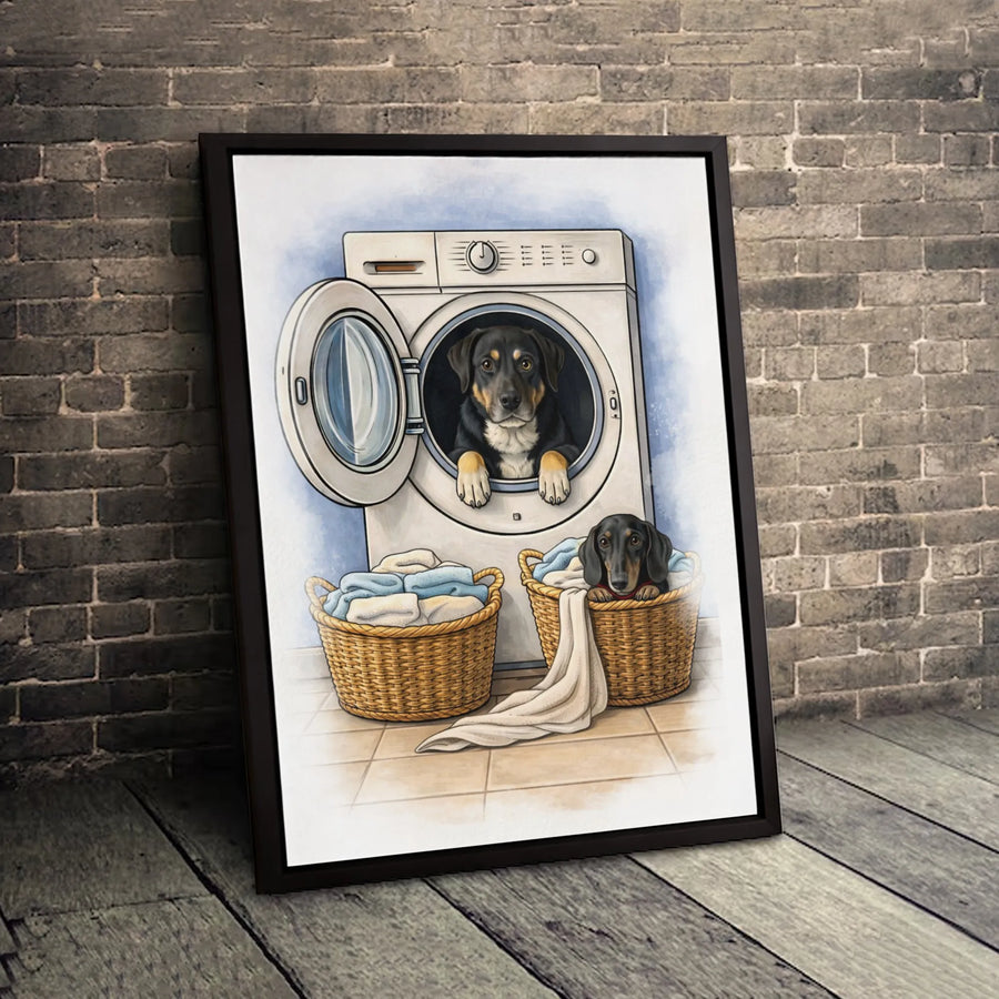 Dog Laundry Room Canvas Wall Art | Rottweiler and Dachshund Funny Pet Portrait | Gallery-Wrapped Premium Decor | Cute Animal Home Gift for Dog Lovers
