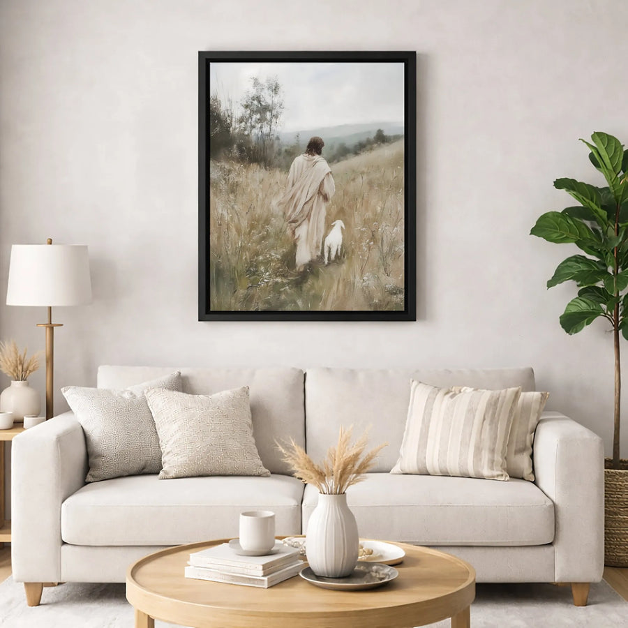 Good Shepherd Wall Art | Jesus Walking With Lamb Pastoral Painting | Premium Fade-Resistant Canvas | Religious Home Decor Gift