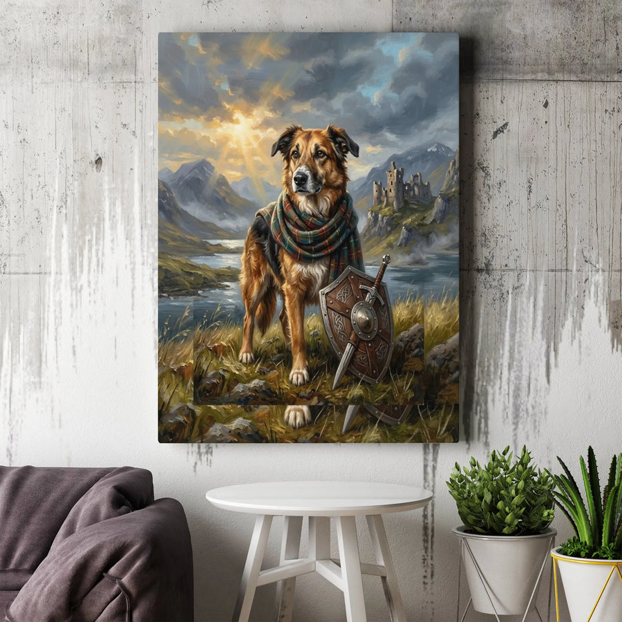Scottish Highland Dog Warrior Vertical Canvas | Celtic Fantasy Shield Castle Landscape Oil Painting Style | 1.25 Inch Thick Fade-Resistant Gallery Wall Art | Unique Gift for Pet Lovers