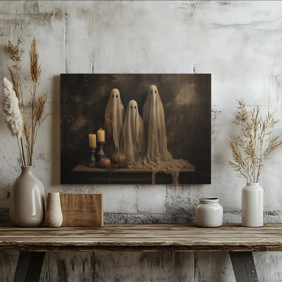 Spooky Ghost Canvas Wall Art | Vintage Halloween Aesthetic with Pumpkins and Candles | Gallery-Wrapped Premium Print | Spooky Home Decor Gift