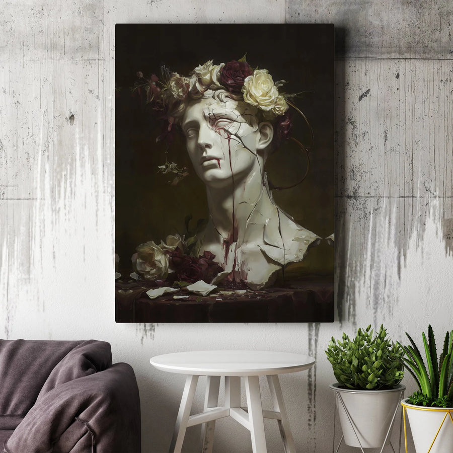 Greek Statue Canvas Wall Art | Cracked Marble Bleeding Bust with Rose Crown | Premium Gallery Wrap Decor | Dark Academia Gothic Home Gift