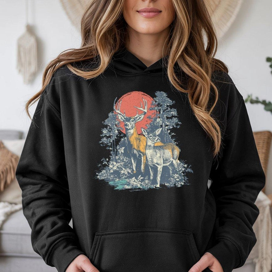 Deer Hunting Hoodie | Vintage 90s Forest Graphic Art | Premium Cotton-Poly Blend | Gift for Outdoorsmen and Nature Lovers