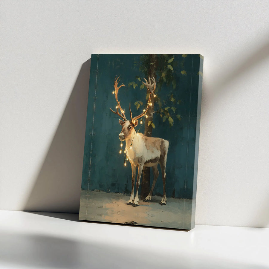 Reindeer Canvas Wall Art | Whimsical Christmas Lights Forest Decor | Premium Gallery Wrap Stretched Print | Festive Holiday Home Decor Gift