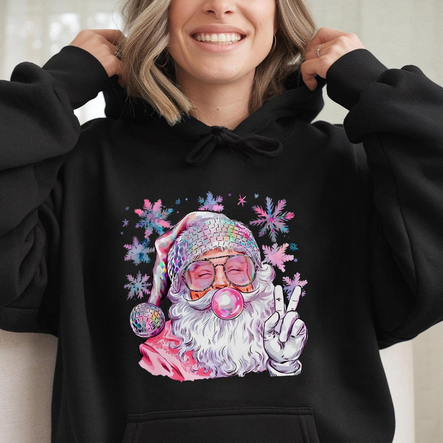 Disco Santa Christmas Hoodie | Bubble Gum Santa Graphic Print | Cotton Blend Premium Sweatshirt | Festive Holiday Gift for Women