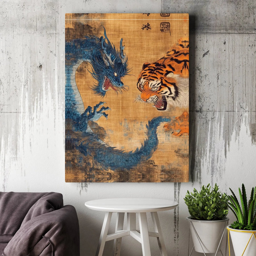 Japanese Dragon And Tiger Canvas | Traditional Ukiyo-e Style Wall Art | Premium Gallery Wrap | Zen Home Decor Gift for Him