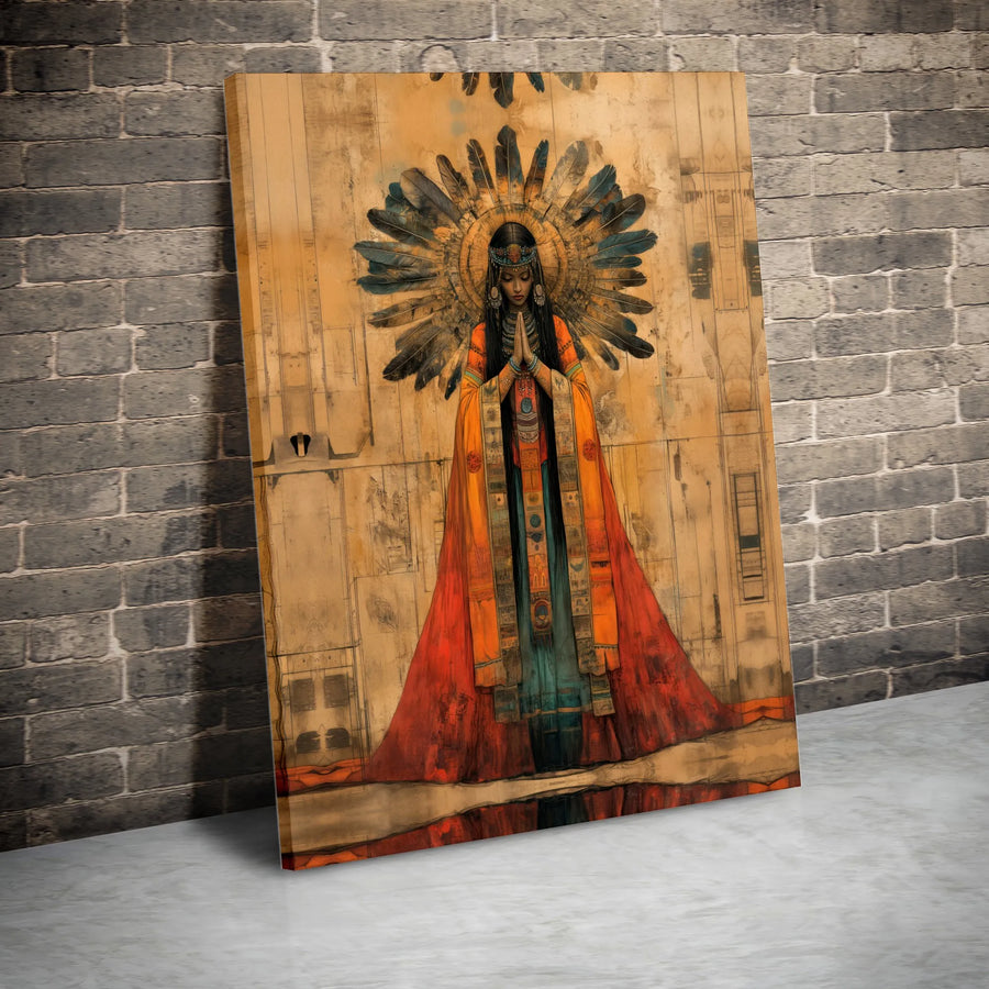 Native American Woman Wall Art | Spiritual Prayer Feather Headdress Print | Premium 1.25-inch Canvas | Artistic Home Decor Gift
