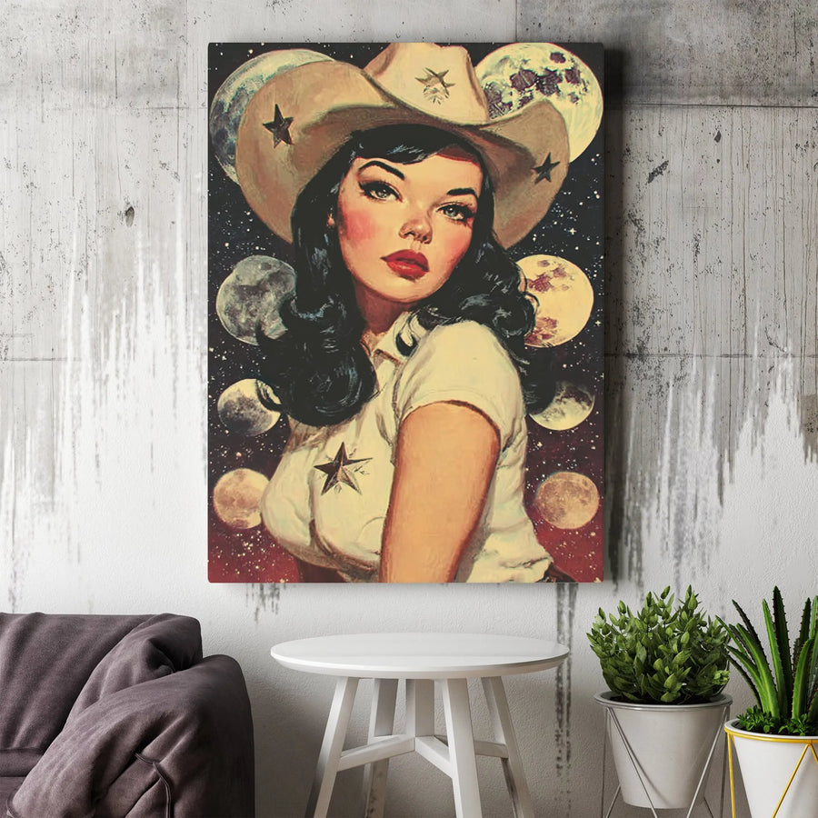 Cosmic Space Cowgirl Canvas Art | Retro Western Pinup Wall Decor | Premium 1.25 Inch Gallery Wrap | Aesthetic Bedroom Gift for Her