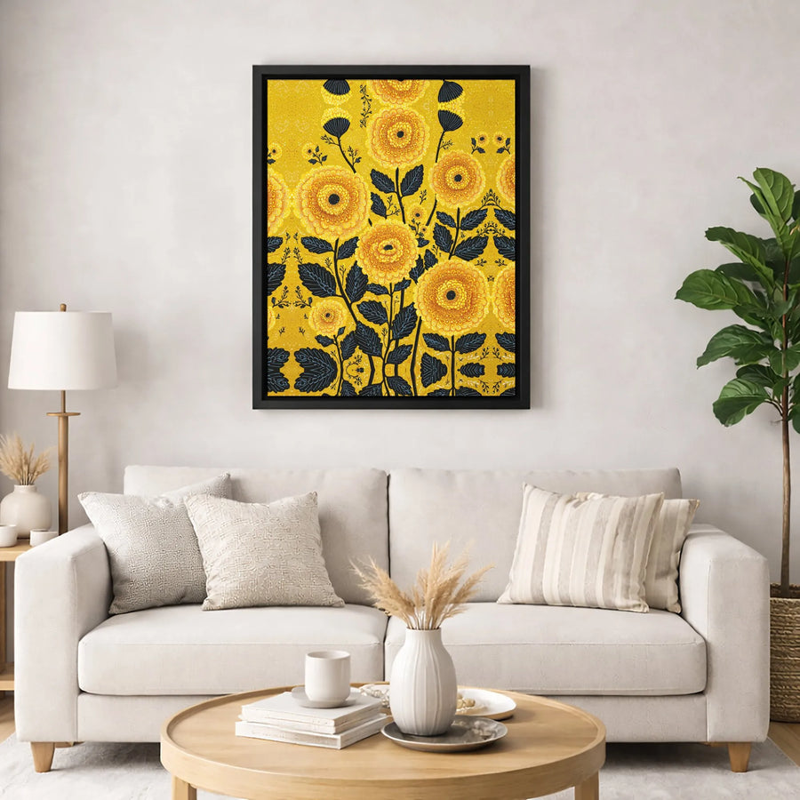 Yellow Marigold Floral Canvas Wall Art | Folk Art Botanical Pattern Print | Premium Gallery-Wrapped 1.25" Profile | Modern Home & Office Decor Gift