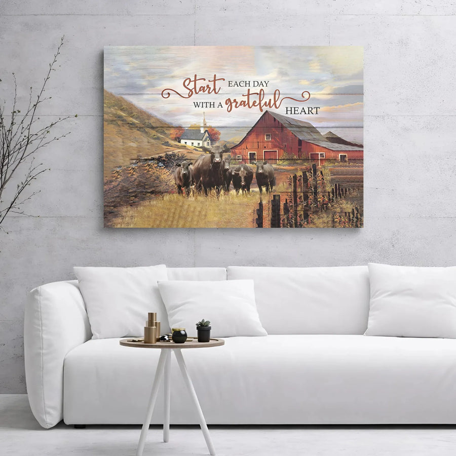 Farmhouse Cow Canvas Wall Art | Start Each Day With A Grateful Heart | 1.25 Inch Gallery Wrap | Rustic Country Home Decor Gift