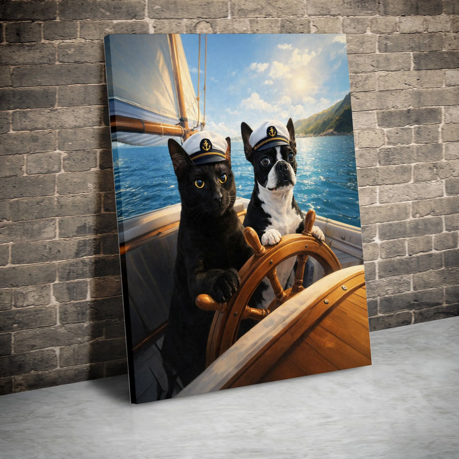 Cat and Dog Captains Canvas Print | Funny Pet Sailors Nautical Wall Art | Premium Gallery Wrapped Canvas | Unique Gift for Boat Owner & Pet Lover