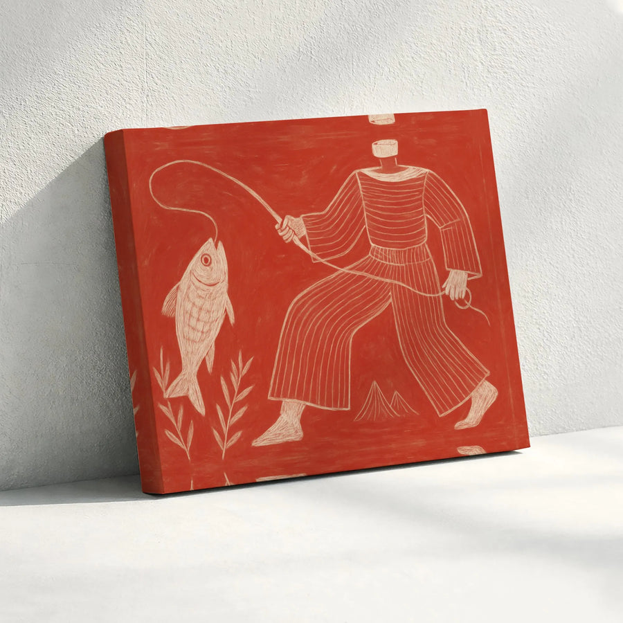 Fisherman Line Art Canvas | Terracotta Abstract Fishing Illustration | Premium Gallery Wrapped Print | Modern Home Decor Gift for Angler