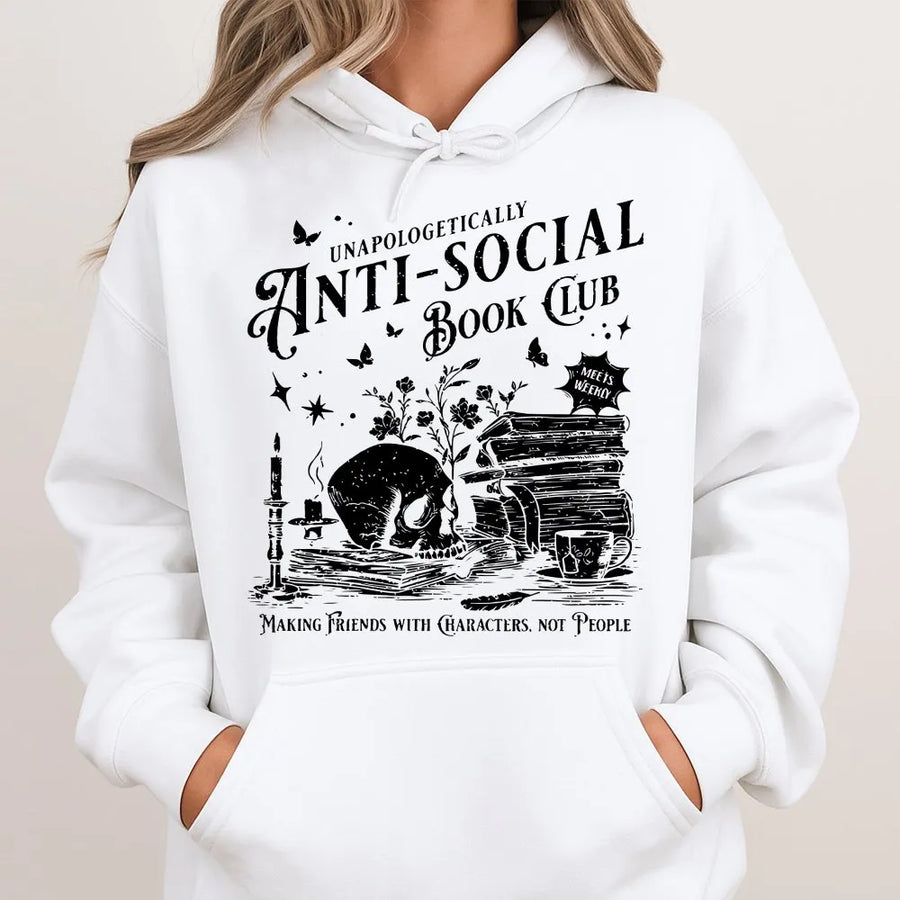 Anti-Social Book Club Hoodie | Gothic Skull & Books Graphic Sweatshirt | Premium Cotton Blend | Gift for Book Lover Introvert