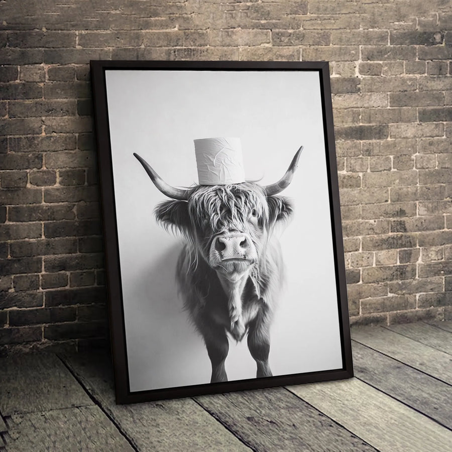 Highland Cow Wall Art | Funny Toilet Paper Head Canvas Print | Modern Farmhouse Animal Decor | Premium Fade-Resistant Gallery Wrapped Canvas