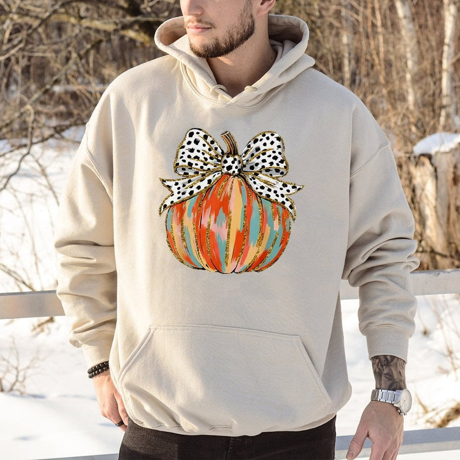Pumpkin Hoodie with Bow | Cute Coquette Aesthetic Fall Design | Premium Cotton Blend Sweatshirt | Thanksgiving Gift for Women and Teens