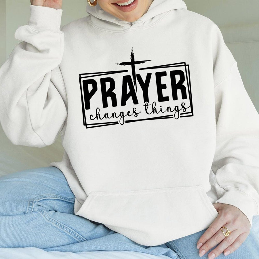 Prayer Changes Things Hoodie | Christian Faith Graphic Cross Design | Premium Cotton-Blend Sweatshirt | Religious Gift for Men and Women