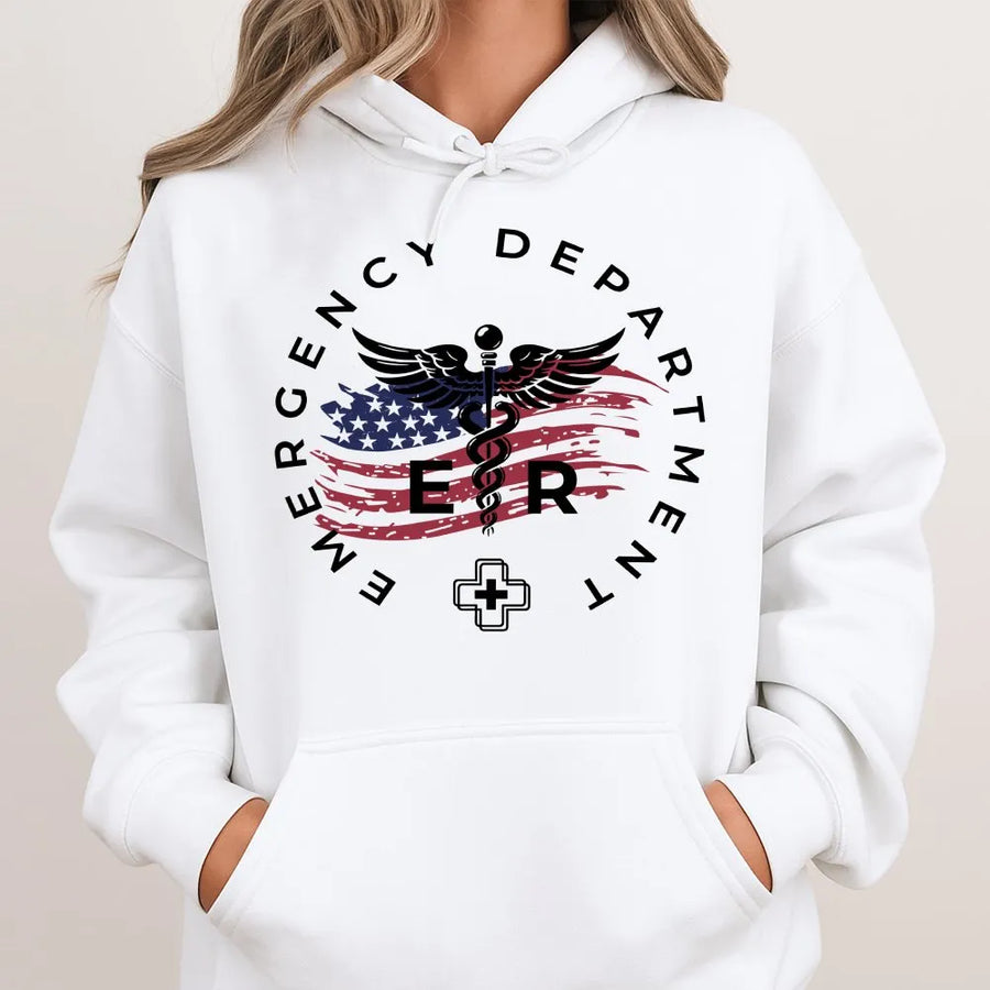 ER Nurse Hoodie | Patriotic American Flag Caduceus Emblem | Soft Breathable Cotton | Premium Gift for Emergency Room Staff and RNs
