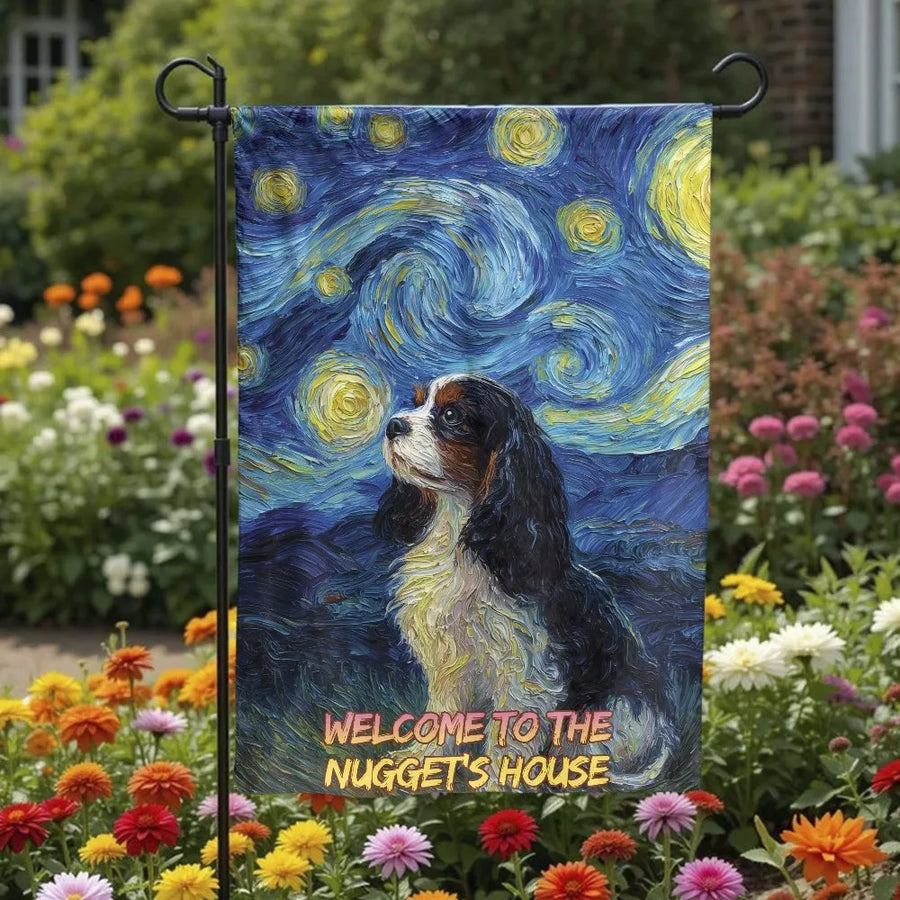 Cavalier King Charles Spaniel Garden Flag | Starry Night Art Style Double-Sided Print | Weather-Resistant Premium Polyester | Housewarming Gift for Dog Lovers