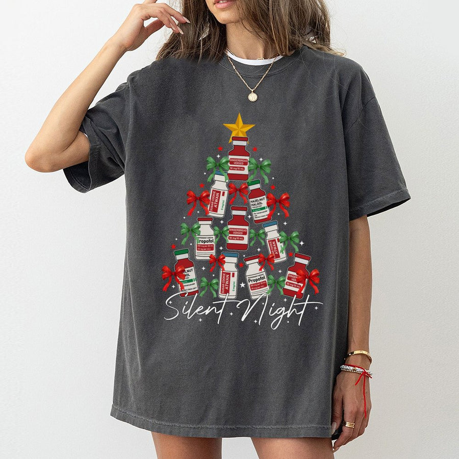 Silent Night Christmas T-Shirt | Medical Vials Xmas Tree Design | Premium 100% Cotton | Funny Gift for Nurses & ICU Staff