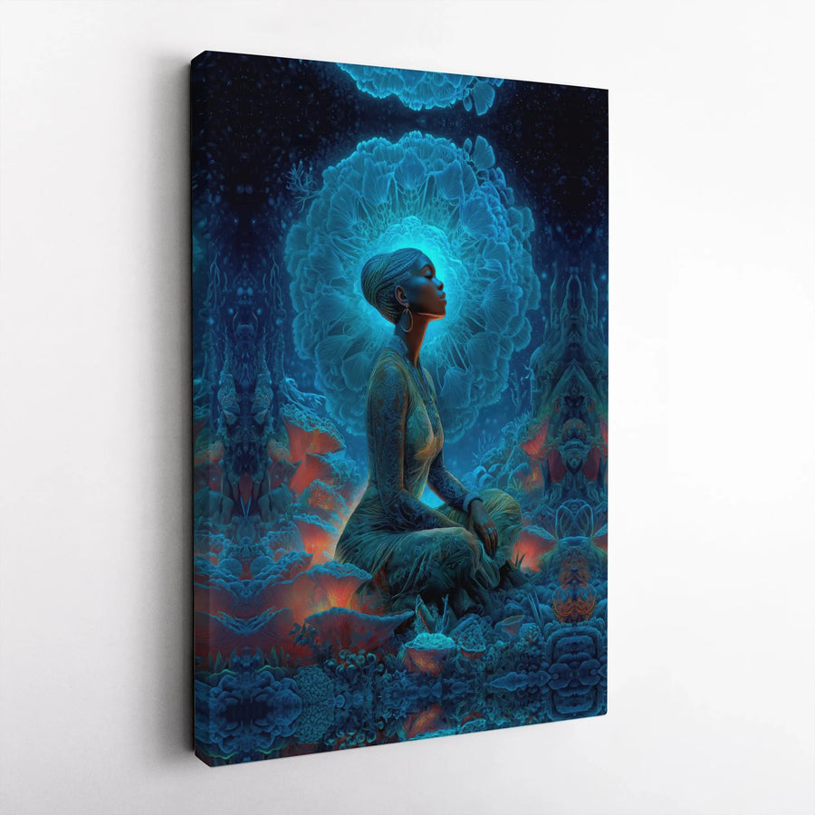 Meditating Black Woman Canvas Art | Bioluminescent Forest Aura Wall Decor | Premium Stretched Gallery Wrap | Spiritual Zen Home Office Gift