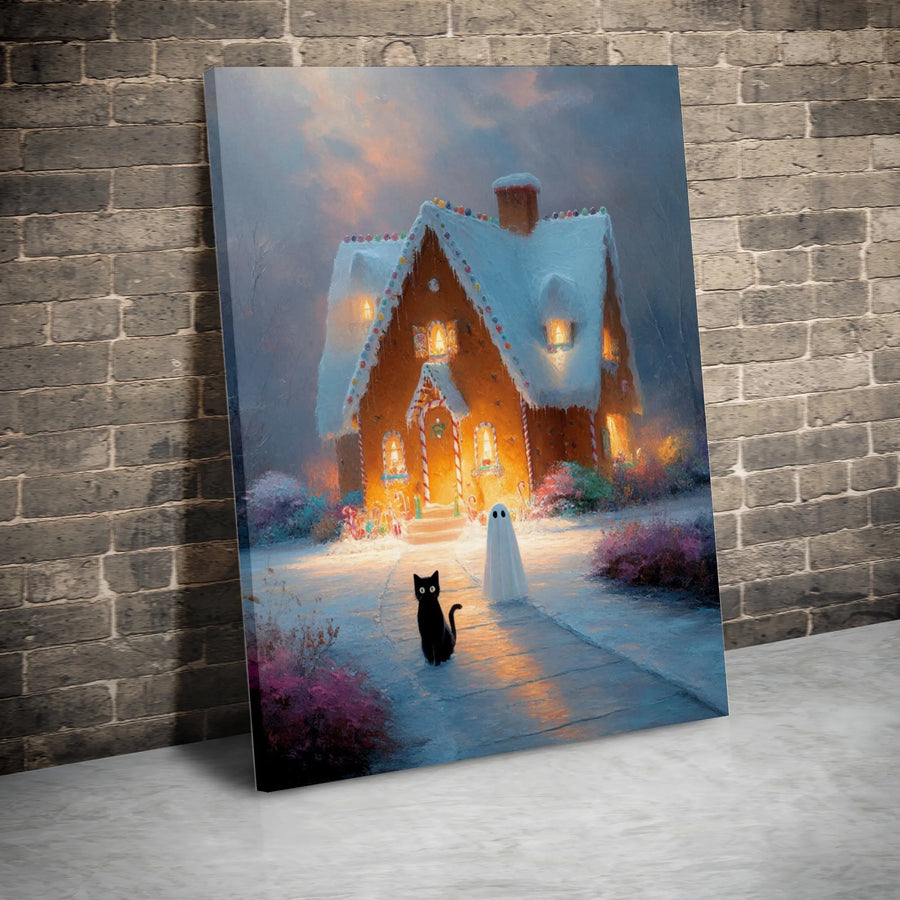 Spooky Gingerbread House Canvas Art | Whimsical Black Cat and Ghost Design | Premium Fade-Resistant Print | Magical Holiday Wall Decor Gift