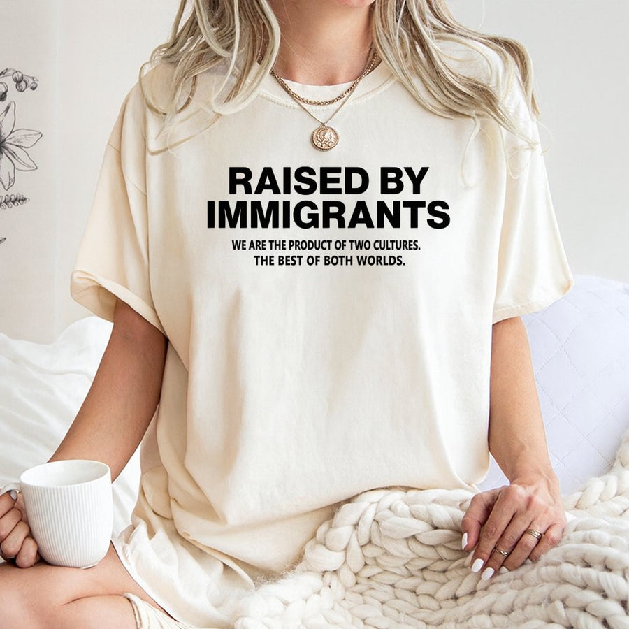 Raised By Immigrants T-Shirt | Two Cultures Heritage Quote Graphic | 100% Soft Cotton Tee | Meaningful Gift For First Generation Americans