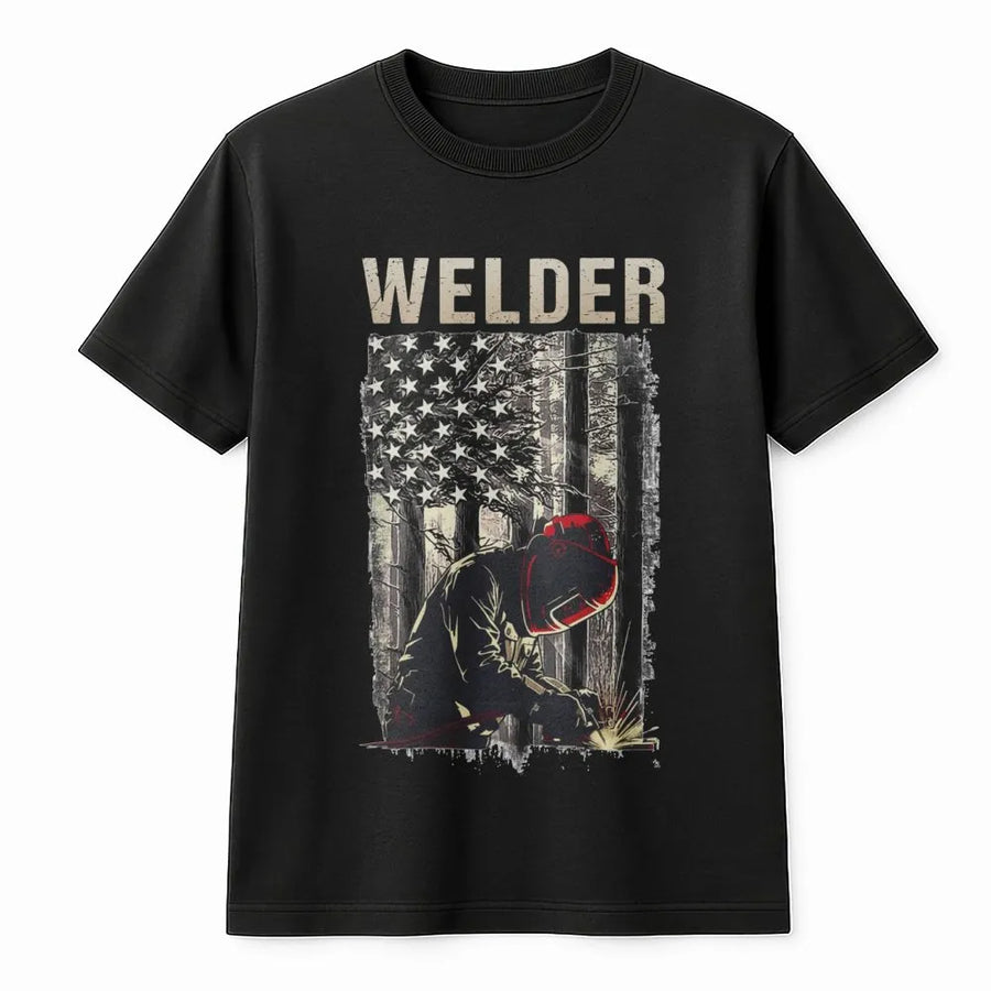 Welder T-Shirt | Patriotic USA Flag Graphic Design | Premium Cotton Apparel | Gift for Welder, Metalworker, Welding Professional