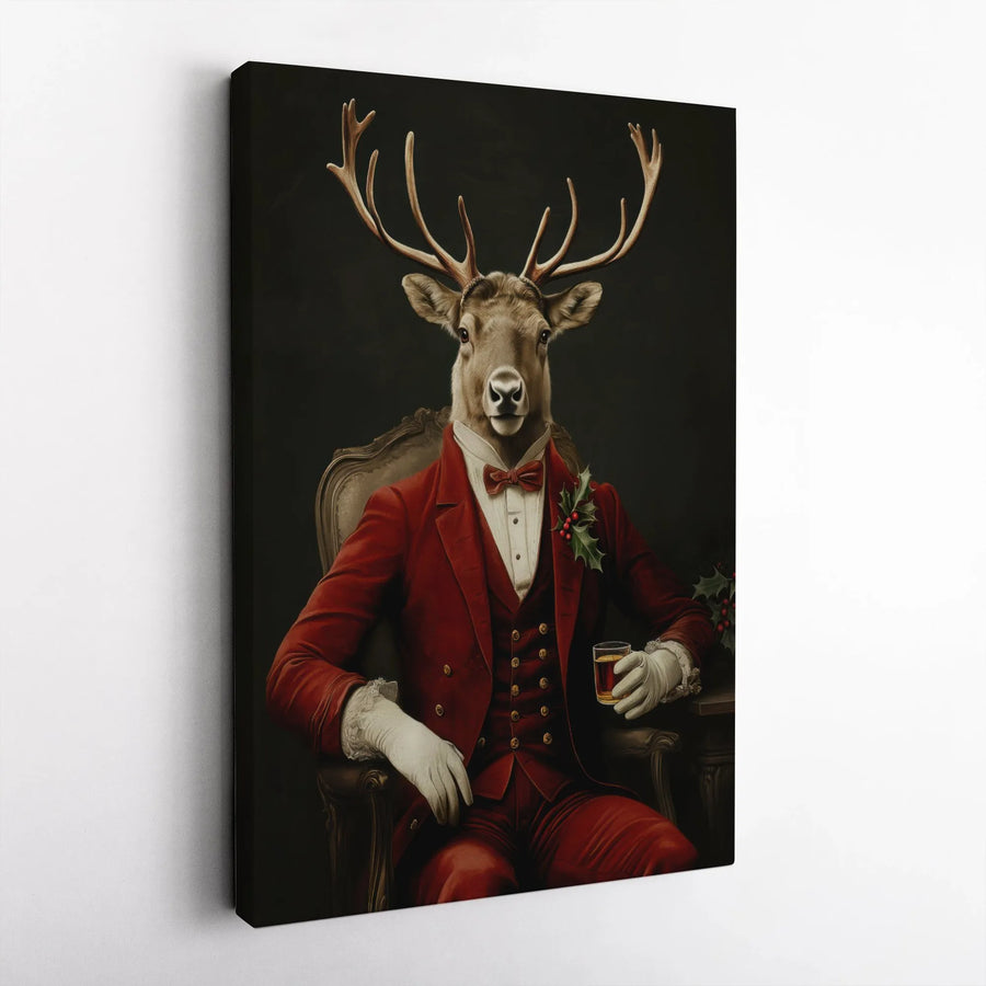 Dapper Reindeer Canvas Art | Gentleman Stag in Red Suit Portrait | Premium Fade-Resistant Gallery Wrap | Unique Christmas Home Decor Wall Gift