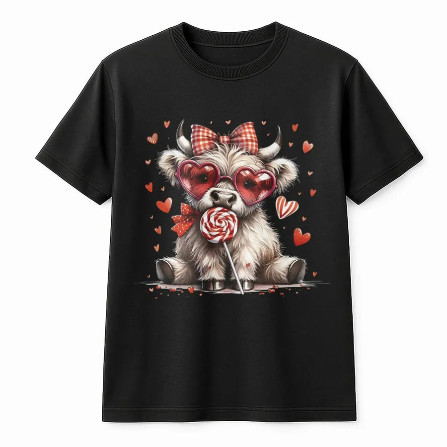 Valentine Highland Cow T-Shirt | Heart Glasses Coquette Aesthetic Design | Premium Soft Cotton Tee | Cute Farm Animal Valentine Gift for Her