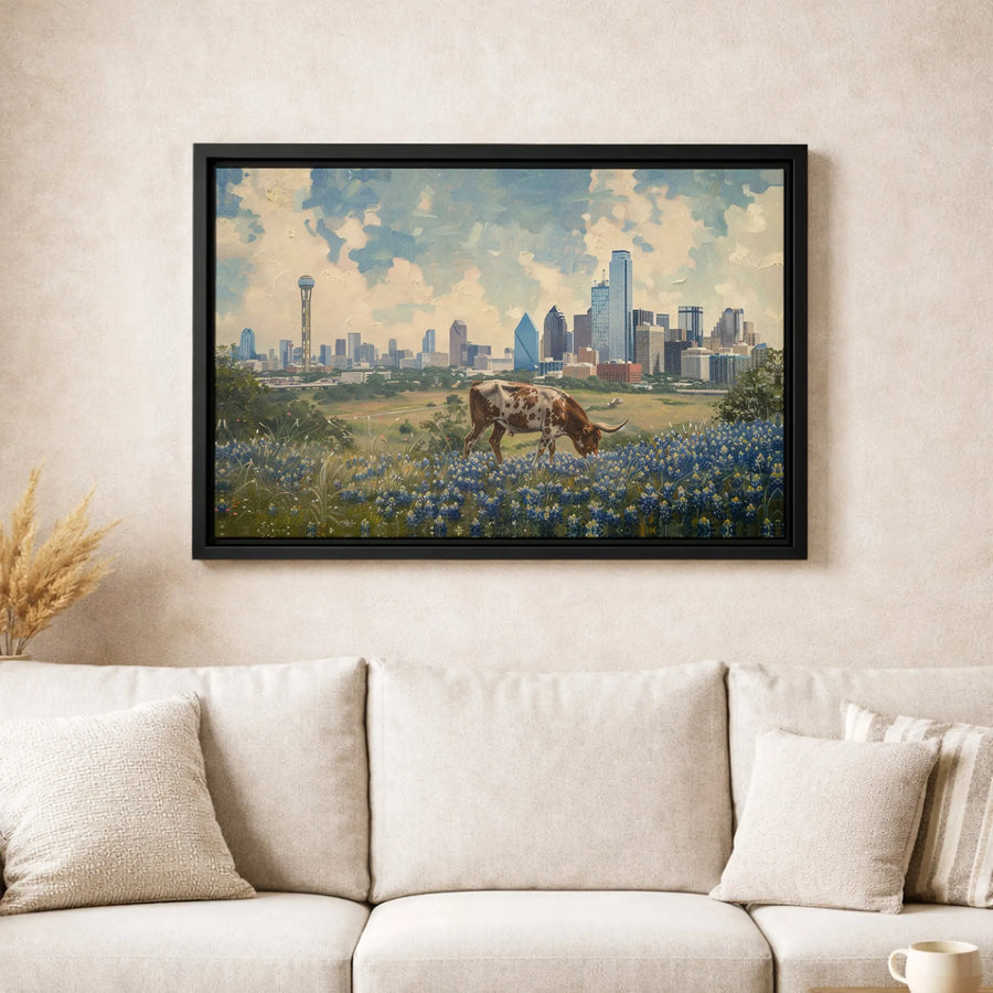 Dallas Skyline Canvas Print | Texas Longhorn & Bluebonnets Landscape | Premium Gallery-Wrapped Art | Texas Home Decor Gift