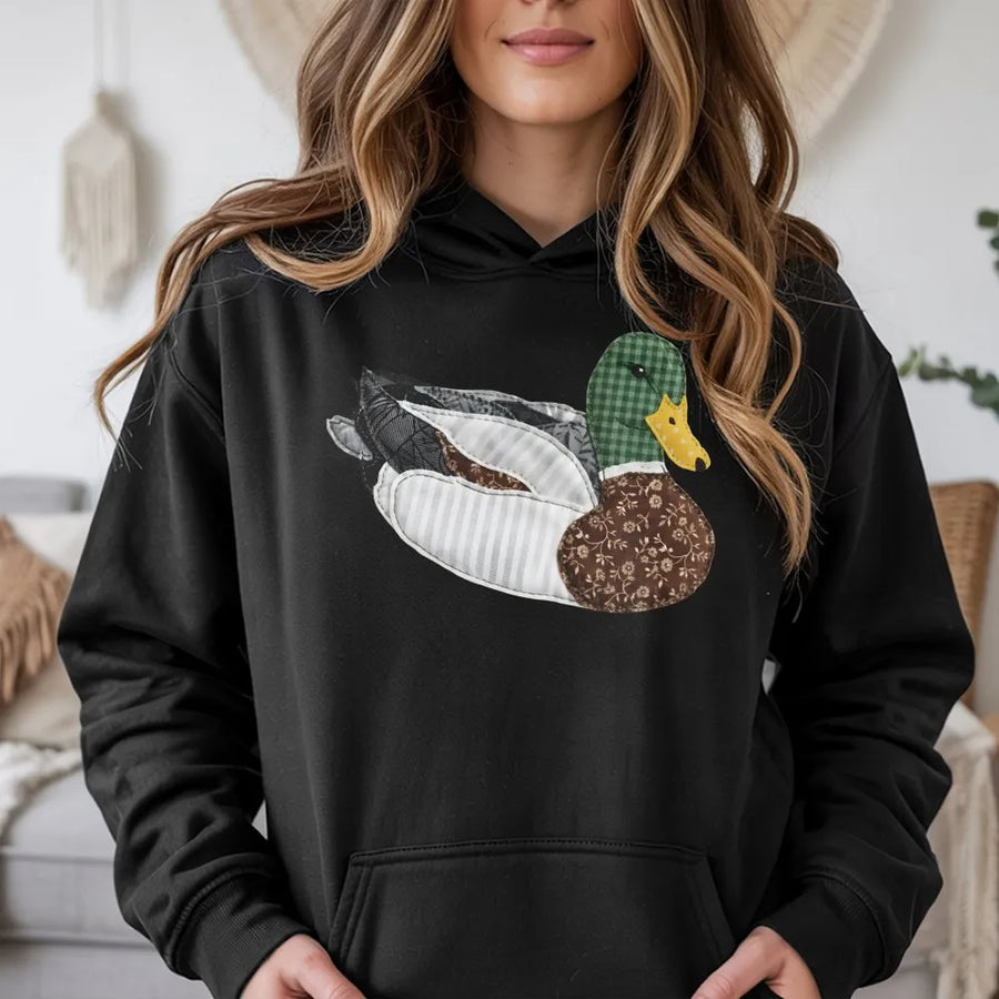 Mallard Duck Hoodie | Faux Patchwork Quilt Style Graphic | Cozy Cotton Blend Sweatshirt | Gift for Bird Watcher & Nature Lover