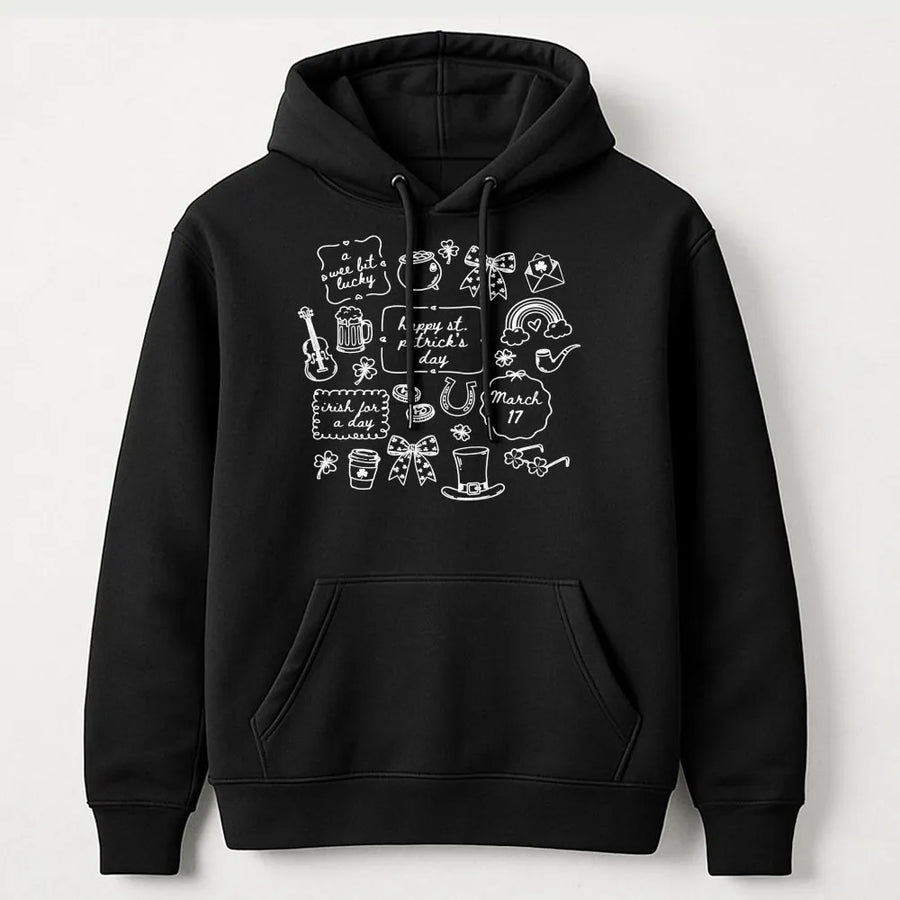 St Patrick's Day Hoodie | Cute Hand-Drawn Doodle Shamrock Graphic | Premium Cotton Blend | Unisex Festive Gift for Men and Women