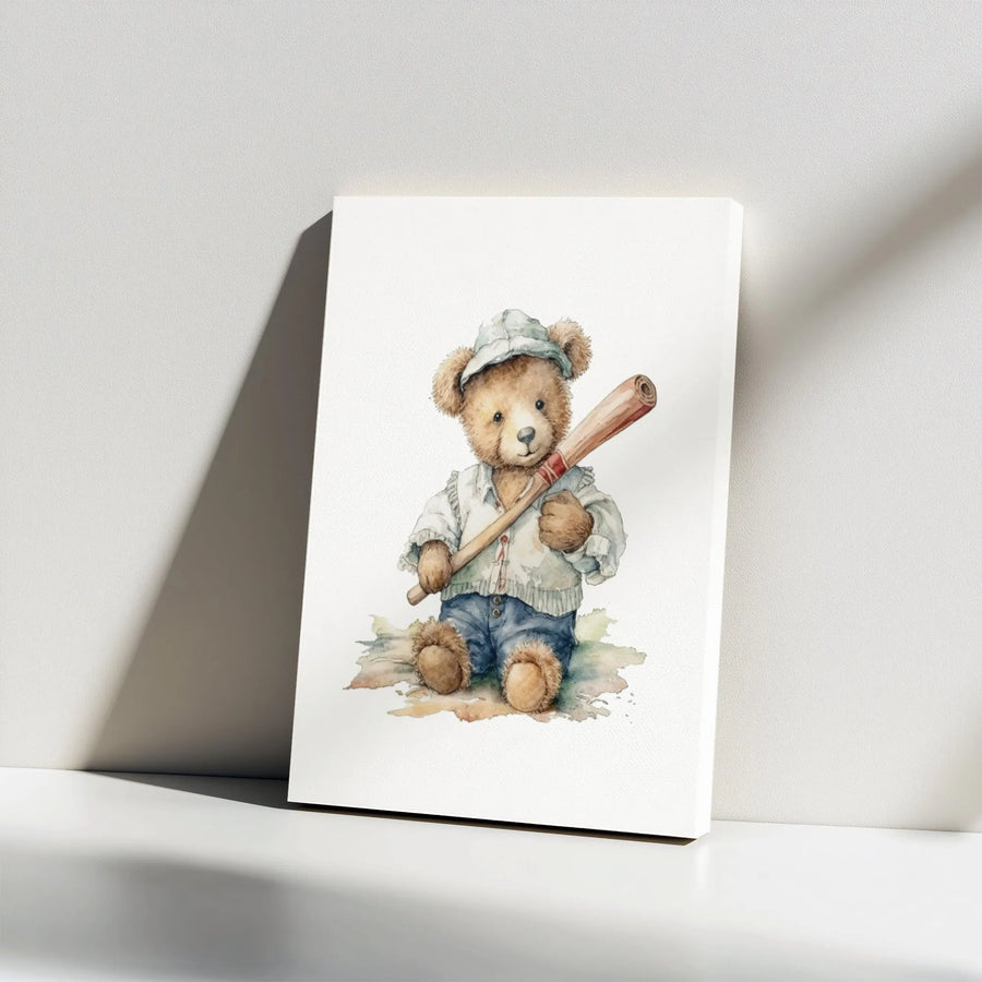 Baseball Teddy Bear Canvas Wall Art | Watercolor Nursery Sport Print | Gallery Wrap Premium Decor | Gift for Baseball Lover Boy