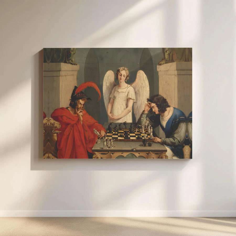 Moritz Retzsch The Chess Players Canvas | Devil and Angel Wall Art | Gallery Wrapped Premium Print | Intellectual Office Decor Gift