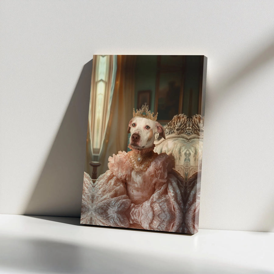 Royal Dog Portrait Canvas Wall Art | Victorian Pitbull Queen in Pink Gown | Premium Gallery Wrap Print | Funny Dog Lover Gift for Her