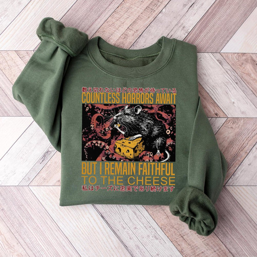 Rat Horror Graphic Sweatshirt | Japanese Text Cheese Design | Premium Cotton Blend | Unisex Streetwear Gift for Weirdcore Aesthetic Fans