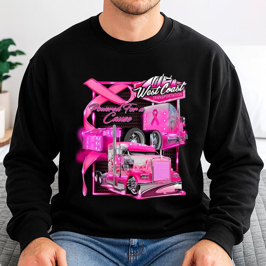 Pink Truck Breast Cancer Awareness Sweatshirt | Powered For A Cause Semi Design | Cotton Blend Crewneck | Unisex Support Gift For Truckers