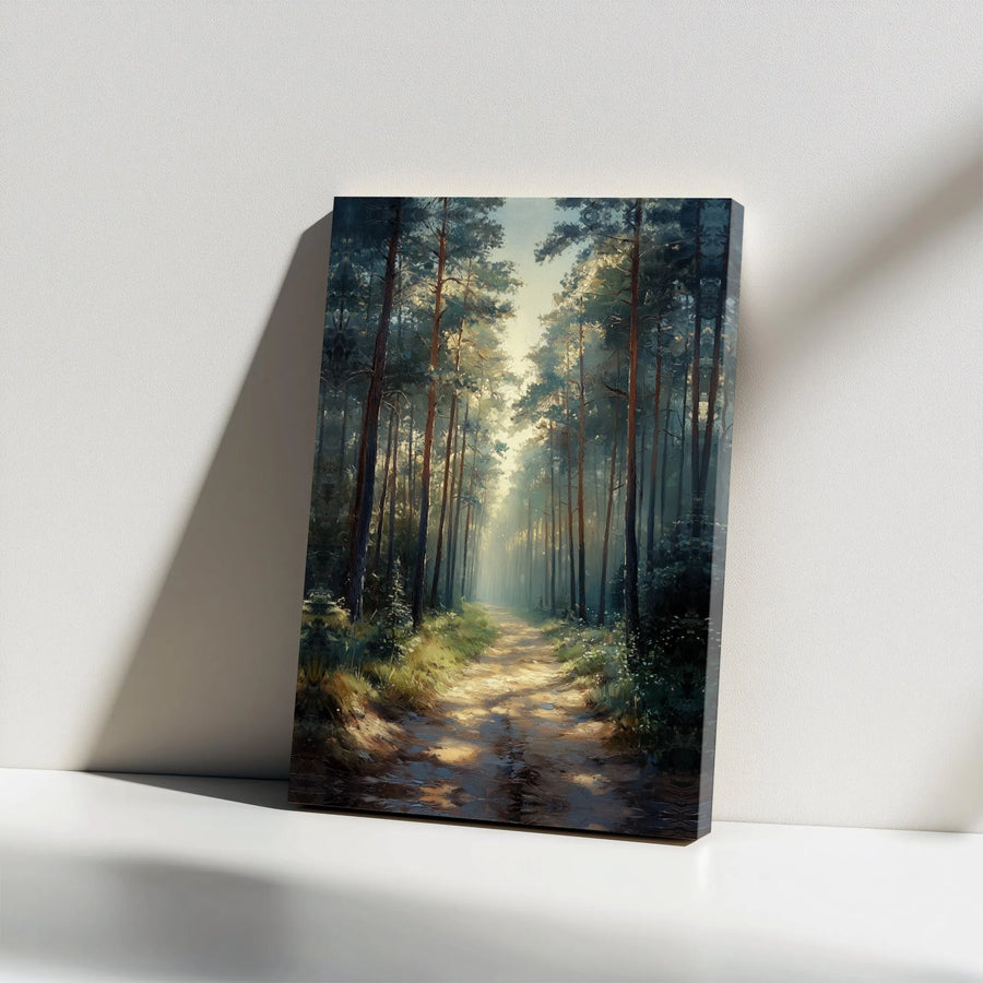 Enchanted Forest Canvas Wall Art | Sunlit Pine Tree Painting Print | Premium Frameless Canvas | Nature Lover Gift for Rustic Home Decor