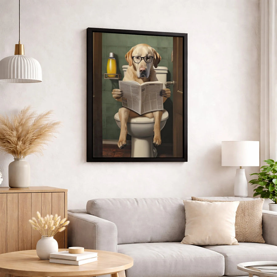 Yellow Labrador Dog Reading Newspaper on Toilet | Funny Bathroom Wall Art | Premium Gallery-Wrap Canvas | Whimsical Pet Lover Gift