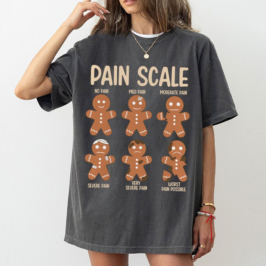 Pain Scale Gingerbread T-Shirt | Funny Medical Christmas Graphic Tee | 100% Cotton Premium Shirt | Holiday Gift For Nurses and Doctors