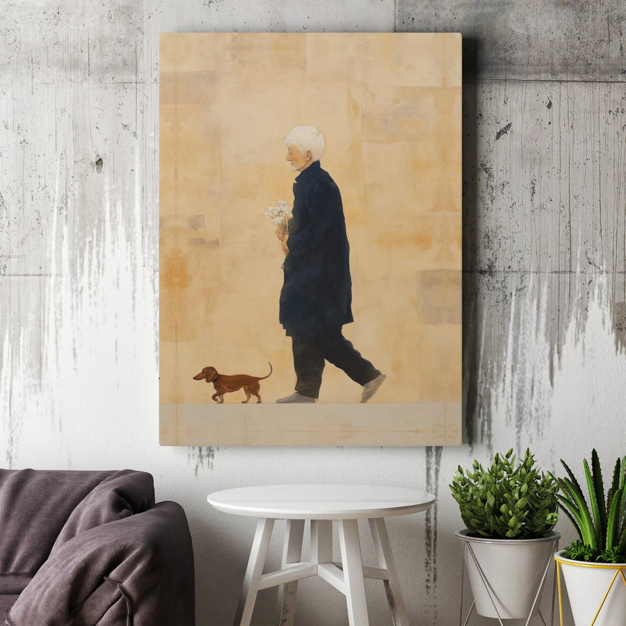 Vintage Man and Dachshund Canvas Print | Minimalist Dog Walker Painting with Flowers | Gallery Quality Wall Decor | Unique Art Gift for Dog Lover