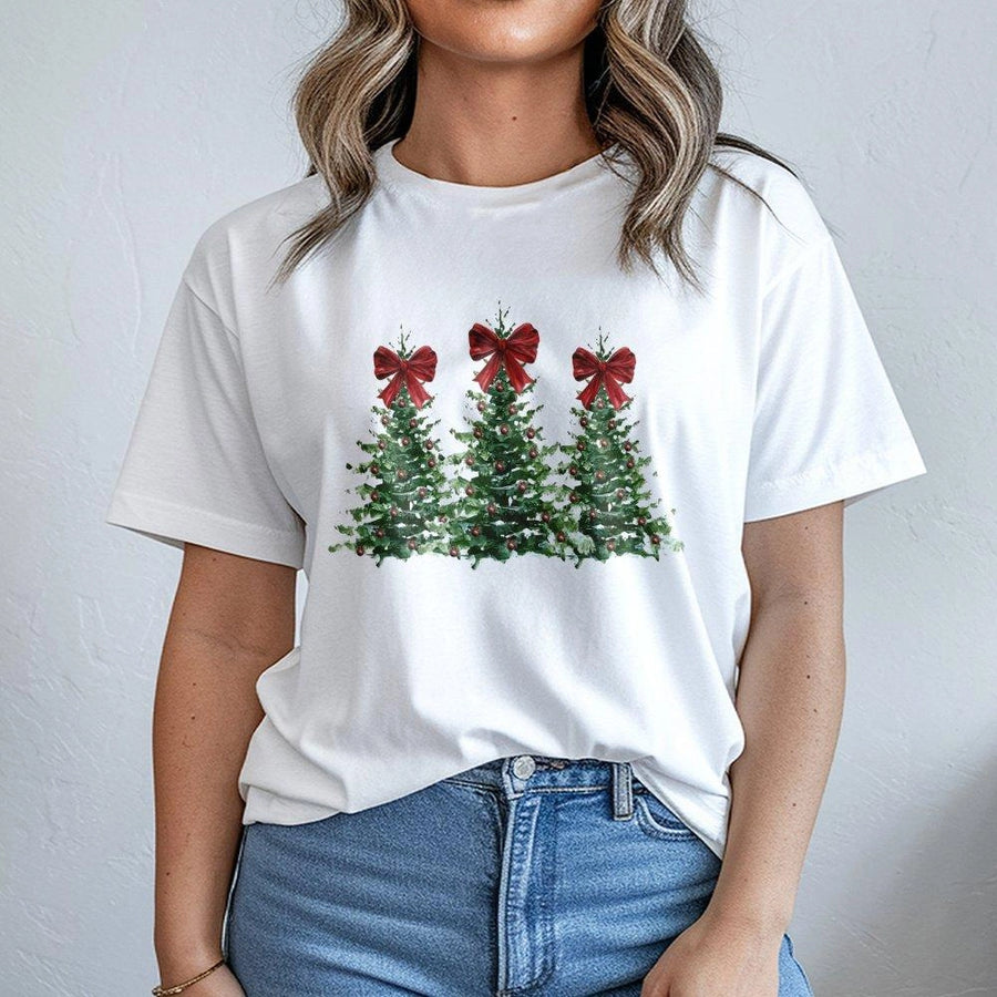 Christmas Tree T-Shirt | Coquette Aesthetic Red Bow Design | 100% Premium Cotton Tee | Holiday Gift for Women and Teens