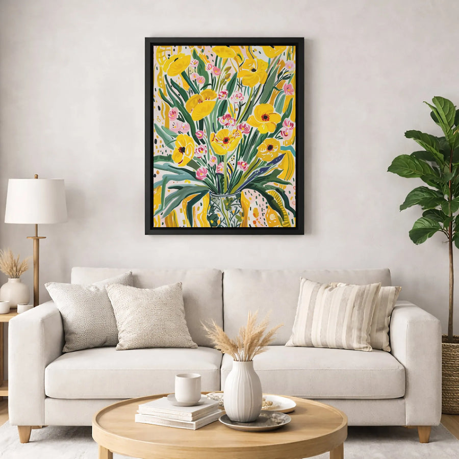 Yellow Floral Canvas Wall Art | Abstract Flower Bouquet Painting | Gallery Quality 1.25" Frame | Modern Home Decor Gift for Her