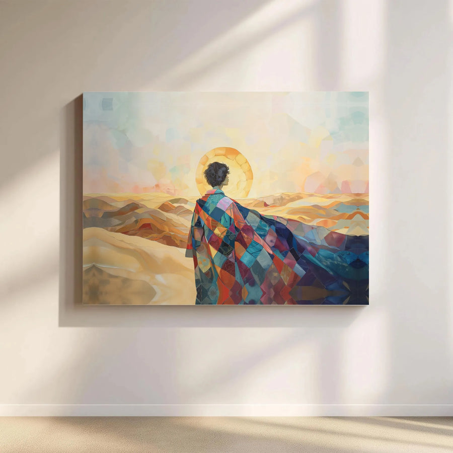 Abstract Desert Canvas Wall Art | Colorful Patchwork Cloak Woman Print | 1.25" Gallery Wrap Premium Decor | Boho Living Room Bedroom Gift