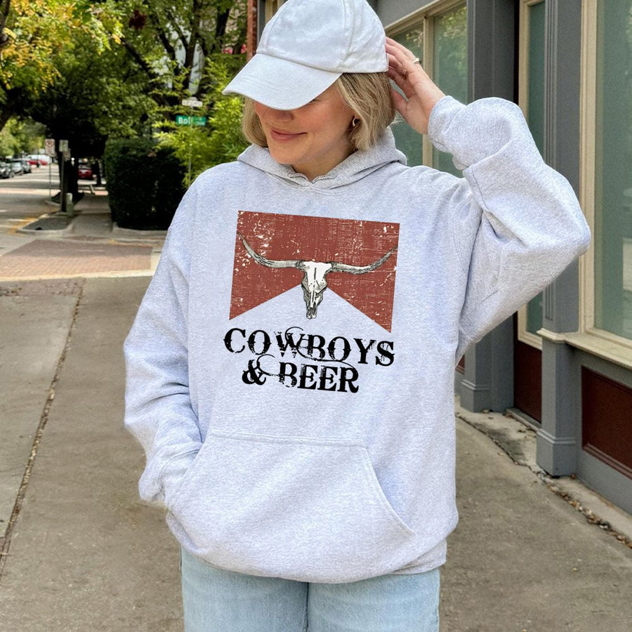 Cowboys and Beer Hoodie | Vintage Western Bull Skull Graphic | Cotton Blend Premium Pullover | Country Music Gift for Men and Women