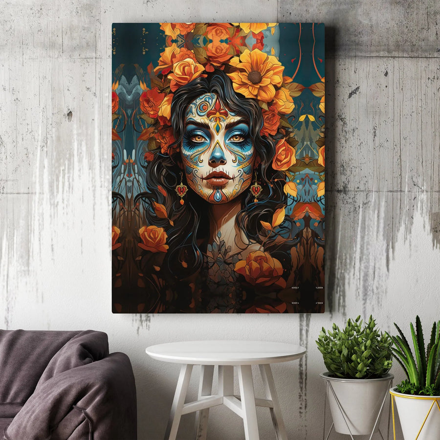 Day of the Dead Canvas Wall Art | Sugar Skull Woman with Floral Crown | Premium Gallery Wrap Print | Gothic Home Decor for Living Room