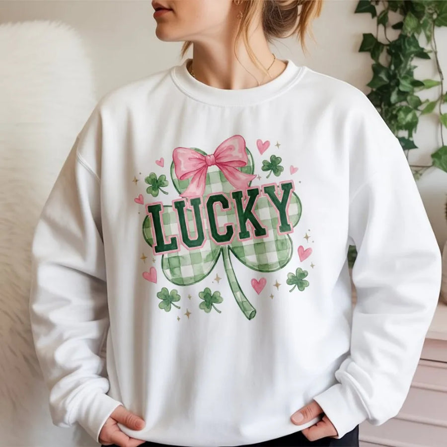 Lucky St Patrick's Day Sweatshirt | Preppy Coquette Green Clover Bow | Cotton Blend Premium Crewneck | Trendy Women's Spring Gift