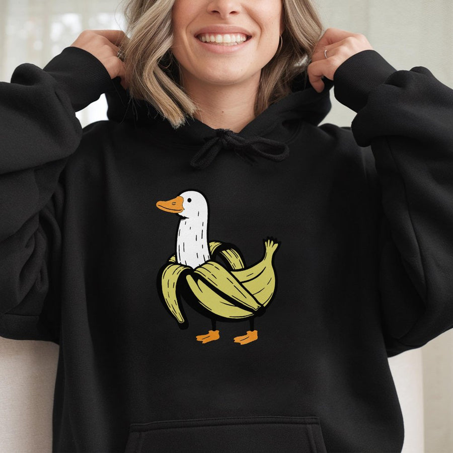 Banana Duck Hoodie | Cute Quirky Animal Graphic Sweatshirt | Premium Cotton-Blend | Funny Animal Lover Gift for Men & Women